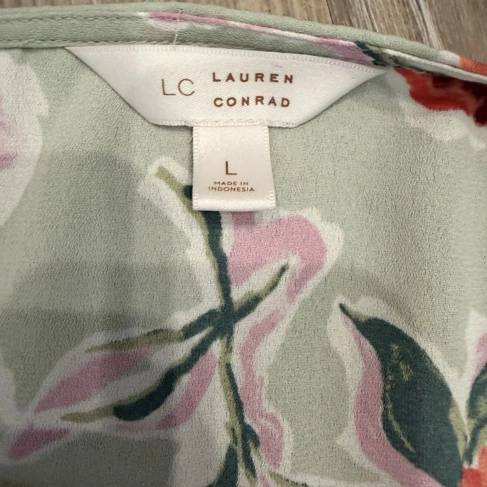 LC Lauren Conrad Size Large Sage Green Floral Faux-Wrap Midi Dress Cottagecore - Picture 10 of 15